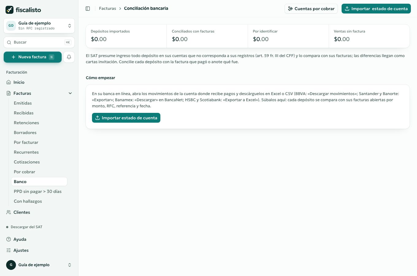 Pantalla Conciliación bancaria con el acceso para importar el estado de cuenta.