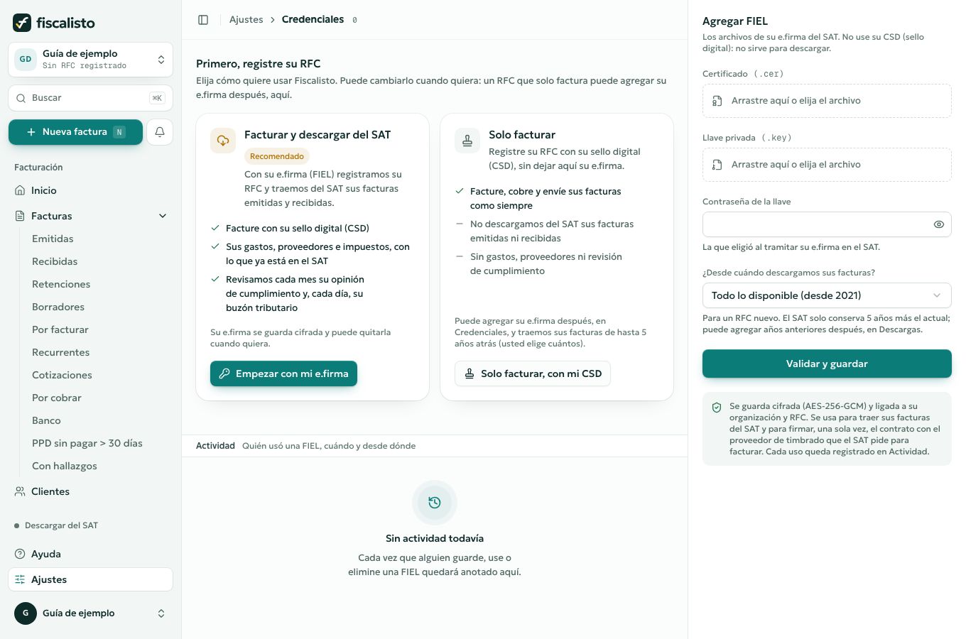 Credenciales de una cuenta de ejemplo con las opciones para registrar el RFC.