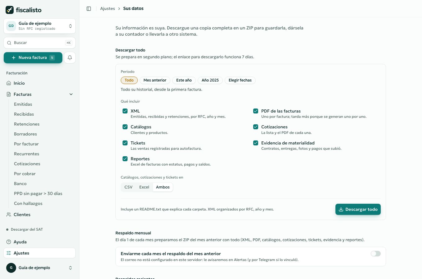 Sus datos con las opciones de descarga y respaldo.
