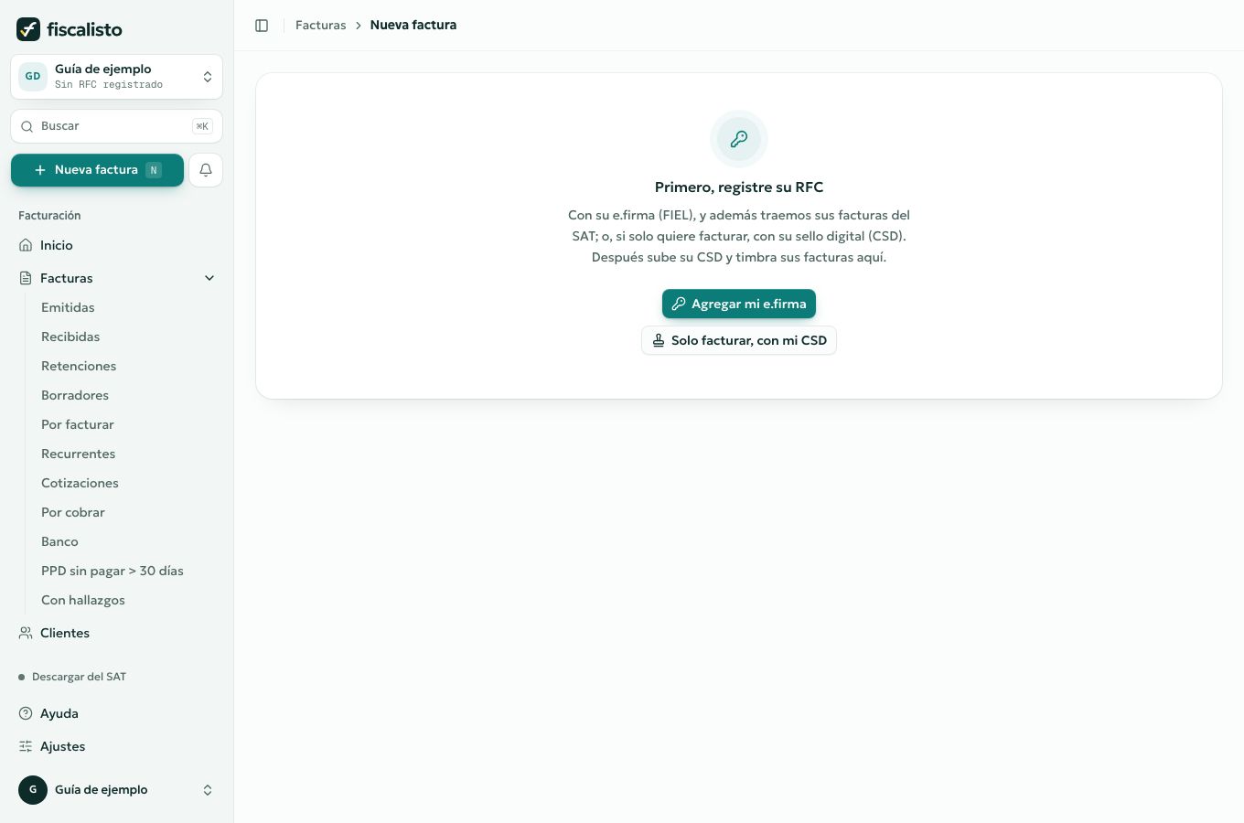 La app solicita registrar un RFC antes de preparar la primera factura.